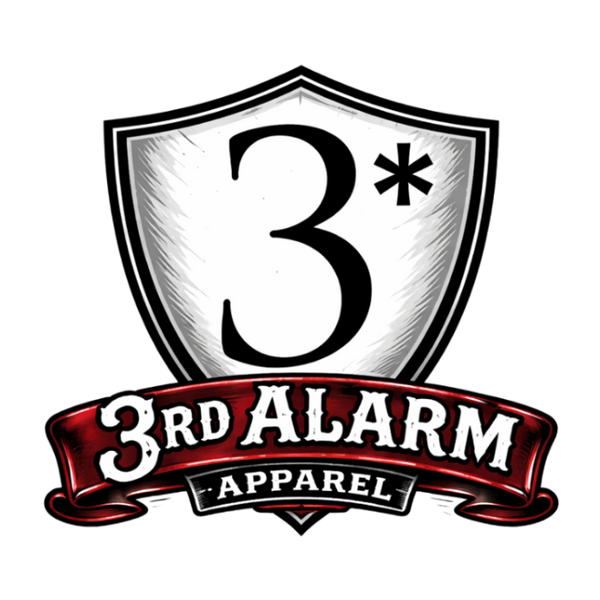 Logo of 3rd Alarm Apparel with a shield and red banner on a white background